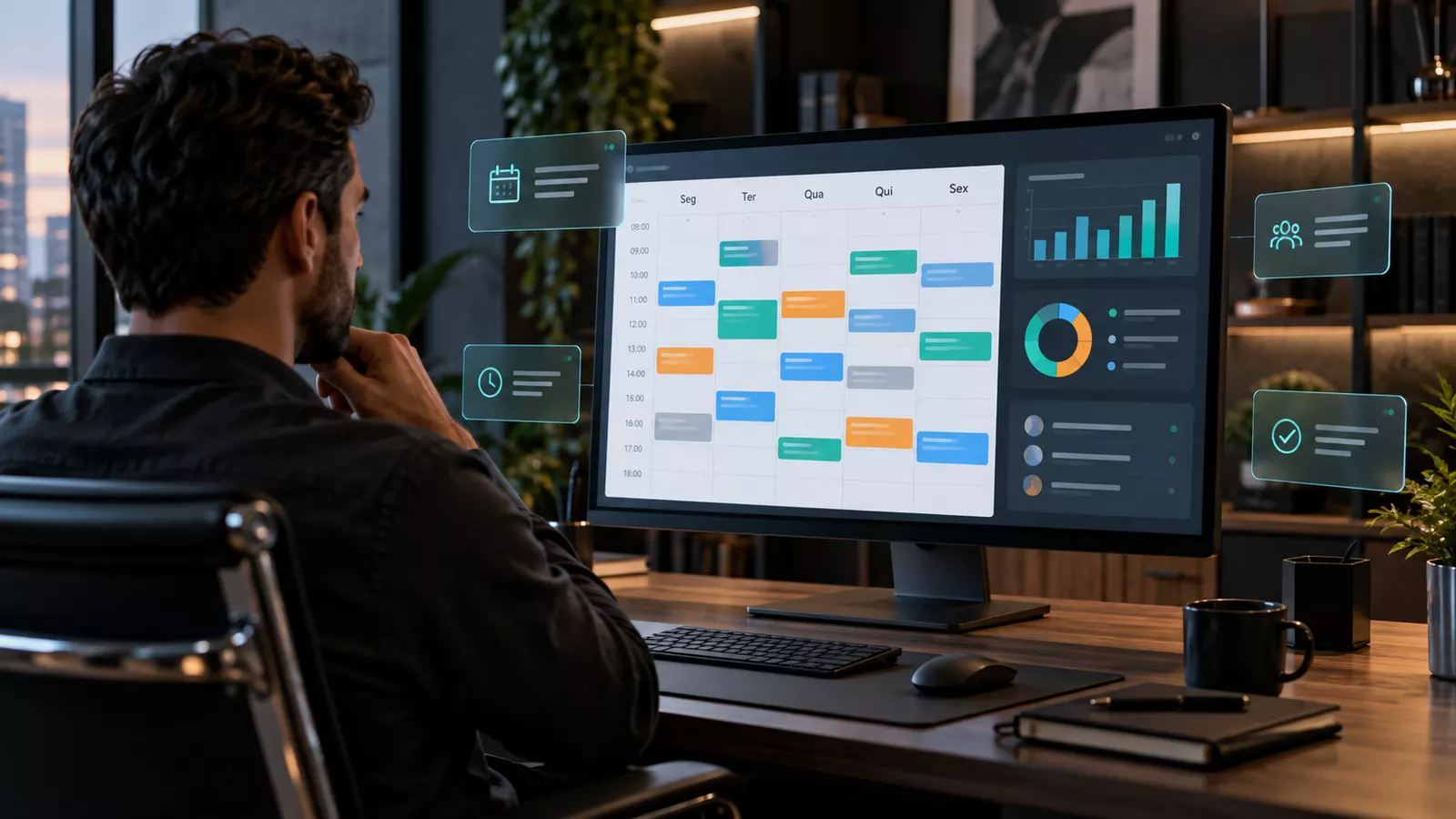 Dono de negócio olhando a agenda da semana organizada num monitor, com painéis ao redor