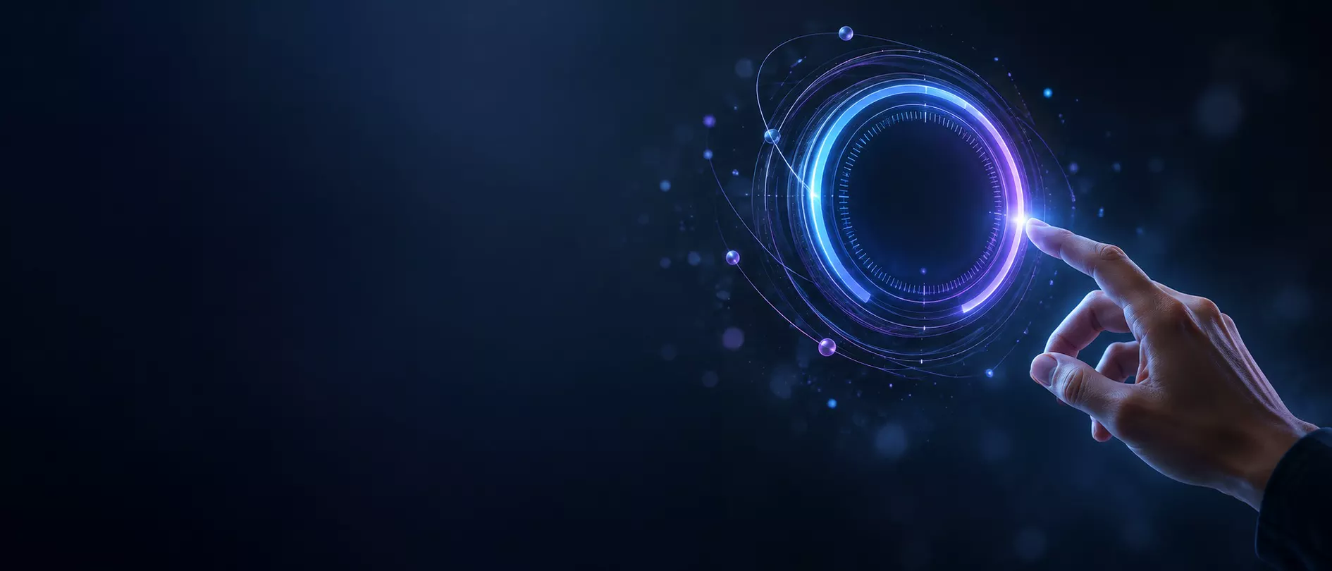 Mão tocando um medidor holográfico de IA com anel em degradê azul e roxo