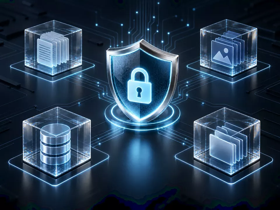 Escudo digital com cadeado protegendo blocos de dados separados entre si