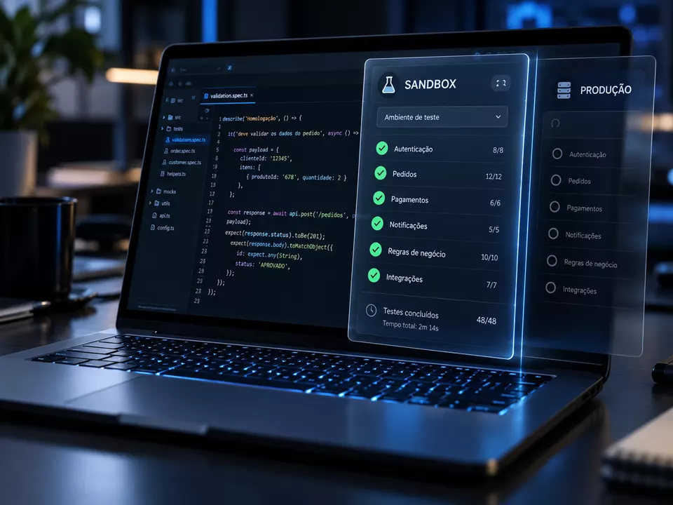 Notebook com testes automatizados aprovados num ambiente de sandbox, separado da produção